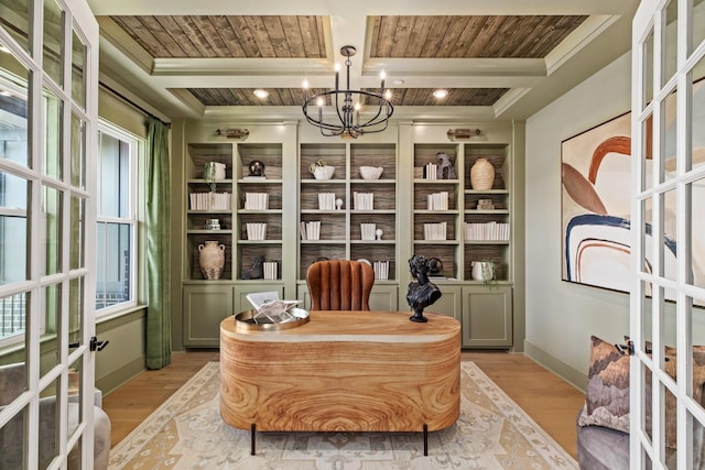 office with french doors, light wood-type flooring, coffered ceiling, an inviting chandelier, and wooden ceiling