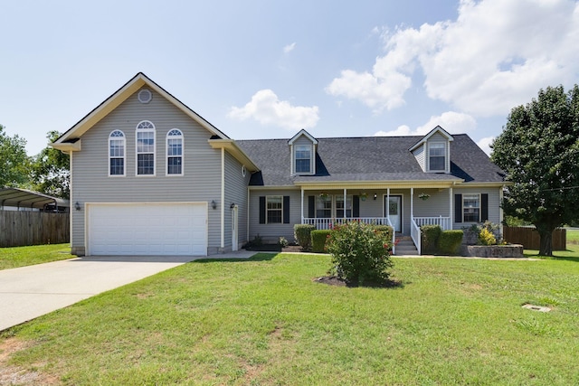 new england style home with covered porch, concrete driveway, an attached garage, fence, and a front lawn