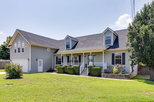 new england style home with a shingled roof, an attached garage, covered porch, fence, and a front lawn