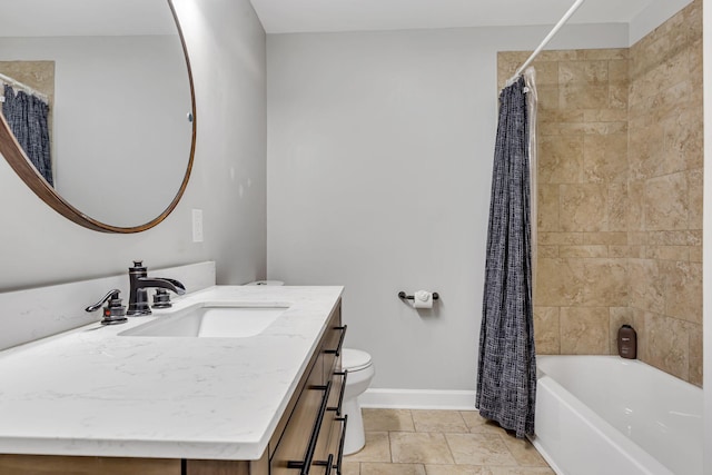 full bathroom with tile patterned flooring, vanity, toilet, and shower / bathtub combination with curtain