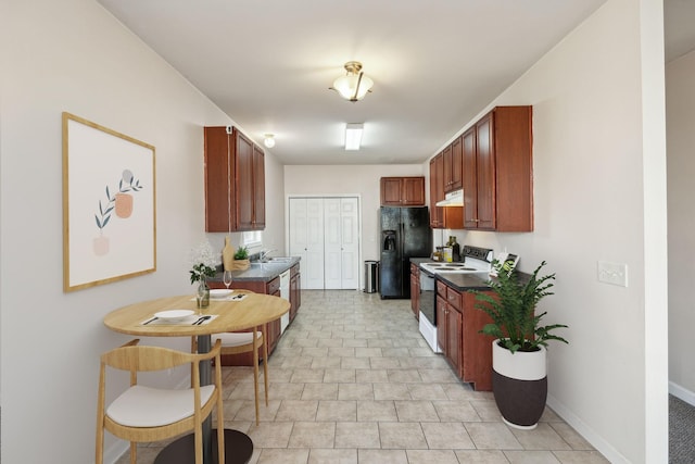 kitchen featuring white electric range oven and black refrigerator with ice dispenser