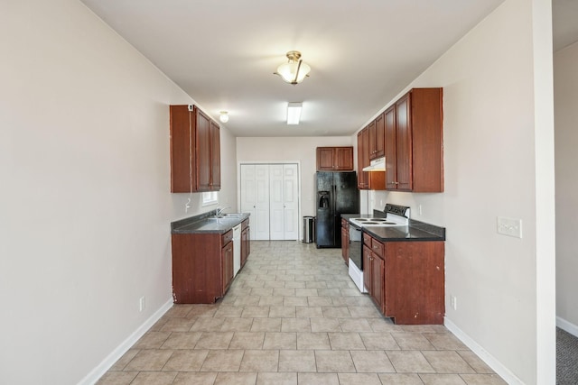 kitchen featuring dishwashing machine, electric range, and black fridge