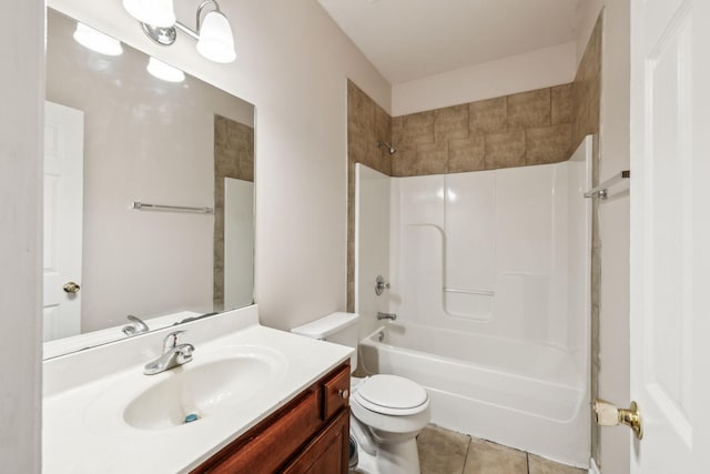 full bathroom with toilet, shower / tub combination, vanity, and tile patterned floors