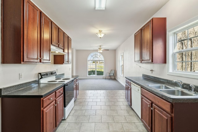 kitchen with ceiling fan, sink, light carpet, and white appliances