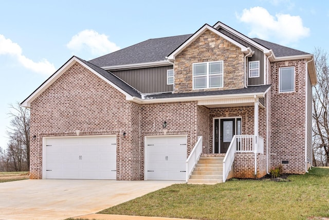 traditional-style home featuring a shingled roof, concrete driveway, an attached garage, stone siding, and a front lawn