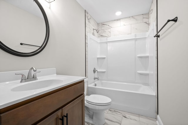 full bathroom with vanity, toilet, and shower / washtub combination