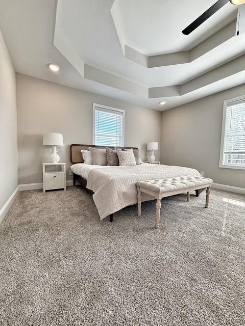 carpeted bedroom with baseboards and a tray ceiling