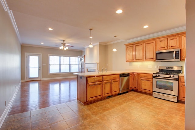 kitchen with ceiling fan, crown molding, kitchen peninsula, and stainless steel appliances