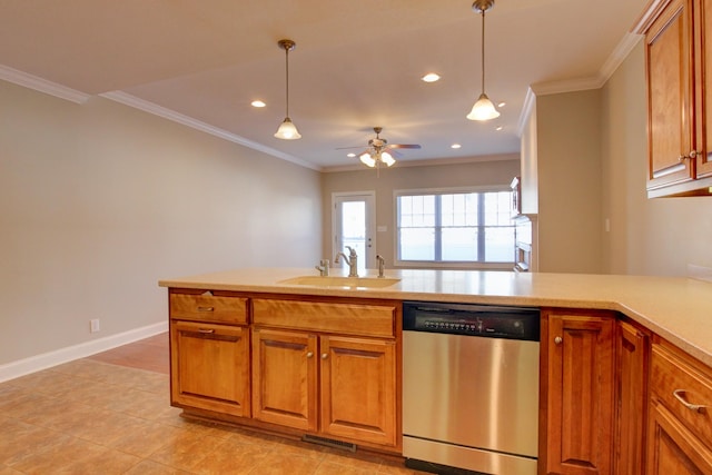 kitchen with dishwasher, ornamental molding, and sink