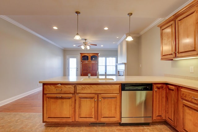 kitchen with kitchen peninsula, crown molding, and dishwasher