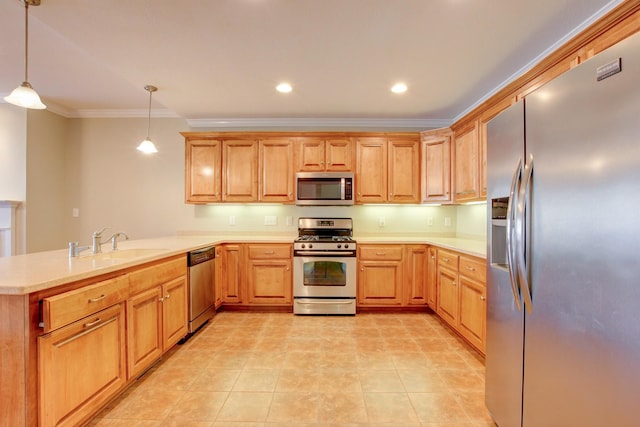 kitchen featuring pendant lighting, sink, ornamental molding, appliances with stainless steel finishes, and kitchen peninsula