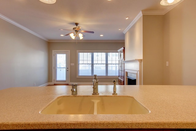 kitchen with ceiling fan, a healthy amount of sunlight, crown molding, and sink