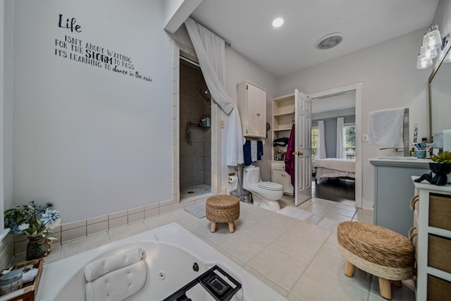 bathroom with tile patterned flooring, independent shower and bath, and toilet