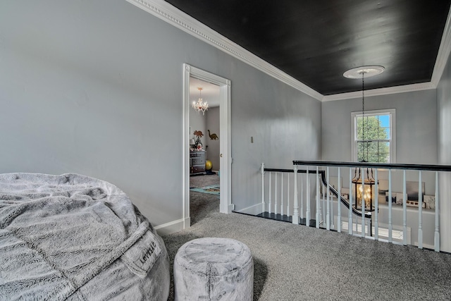 interior space featuring carpet flooring, ornamental molding, and an inviting chandelier