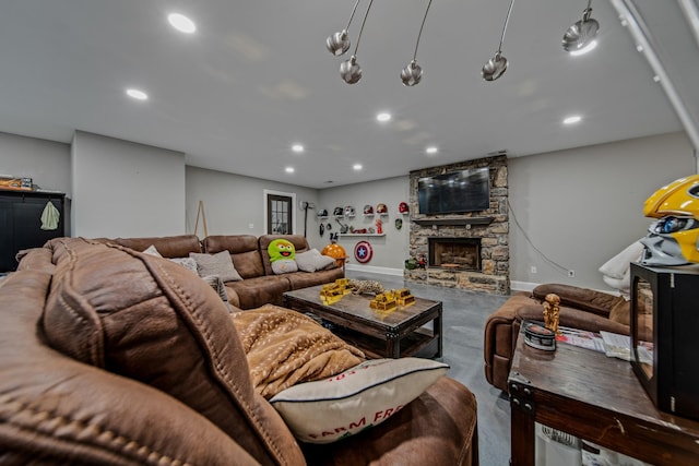 living room featuring a fireplace