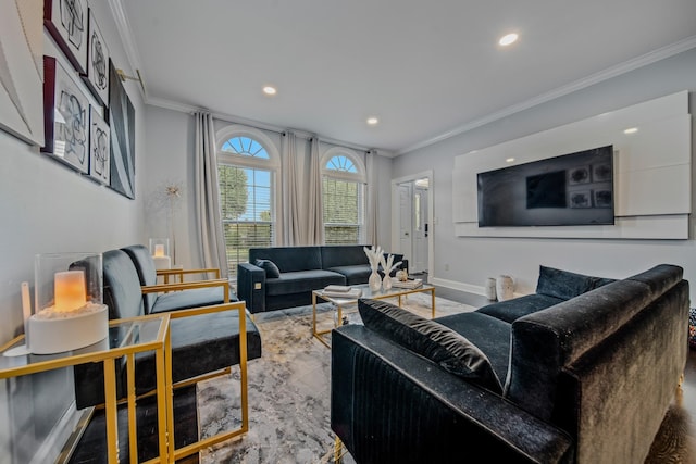 living room with ornamental molding