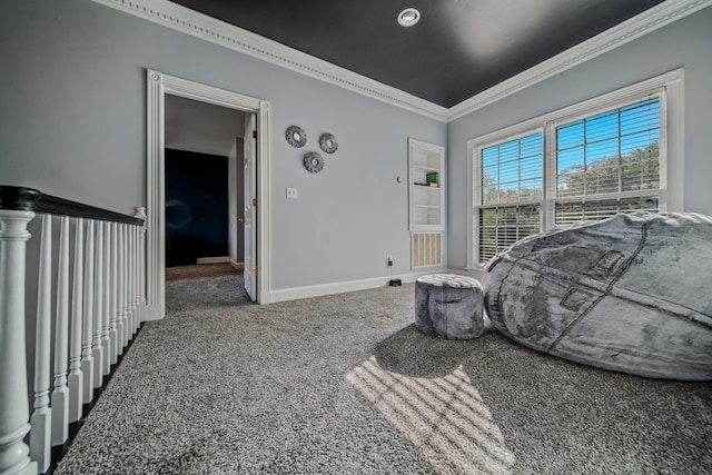 carpeted bedroom with crown molding