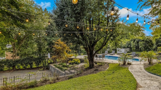 view of yard featuring a patio and a fenced in pool