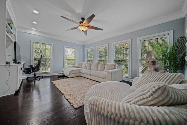 living room featuring dark hardwood / wood-style floors, ceiling fan, and crown molding