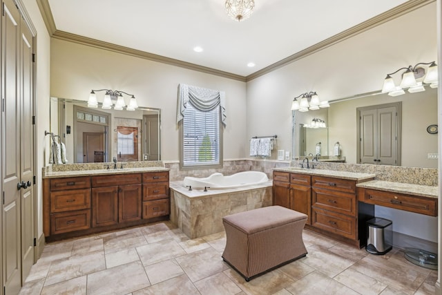 bathroom featuring vanity, ornamental molding, and tiled tub