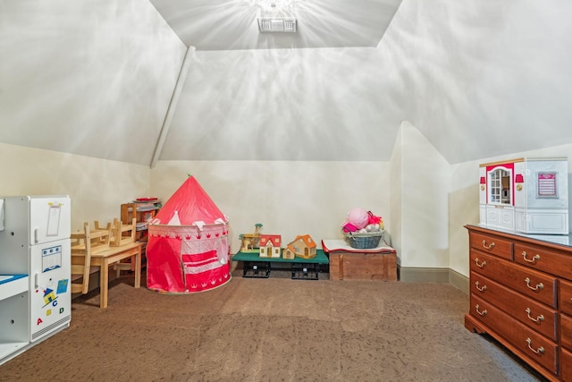 playroom with carpet and lofted ceiling