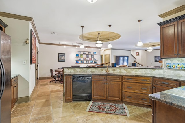 kitchen featuring kitchen peninsula, backsplash, pendant lighting, black dishwasher, and stainless steel refrigerator