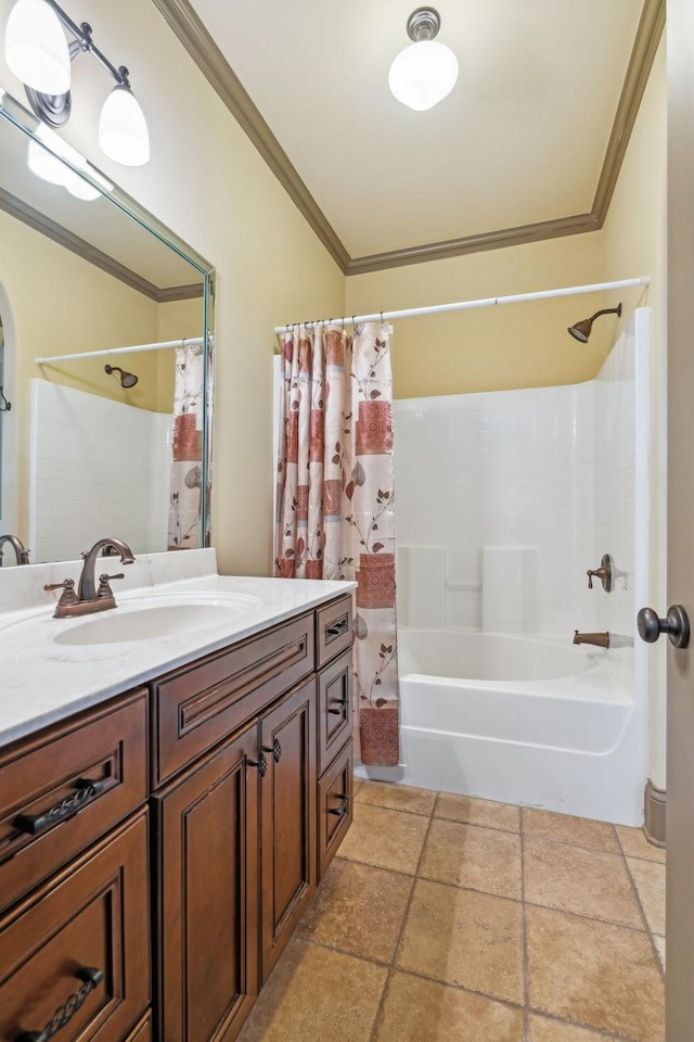 bathroom with crown molding, vanity, and shower / bath combo