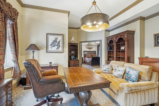 living room featuring crown molding