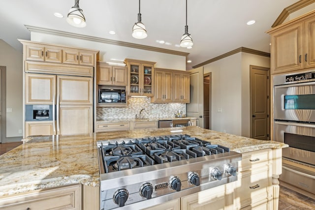 kitchen with built in appliances, decorative light fixtures, light wood-type flooring, and light stone countertops