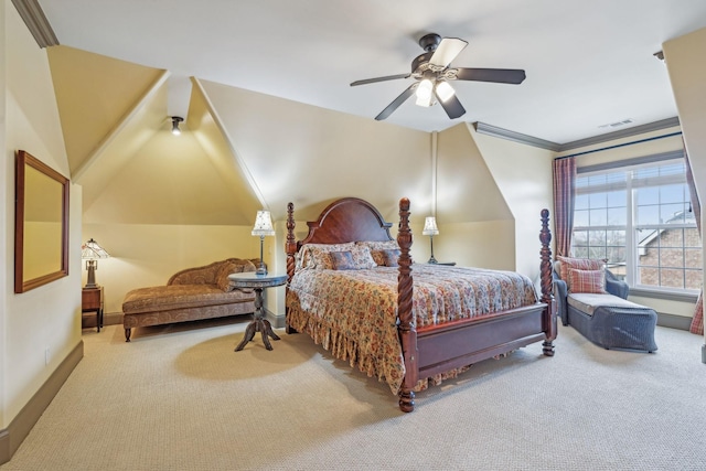 bedroom with carpet flooring, ceiling fan, and crown molding