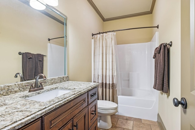 full bathroom with crown molding, vanity, shower / tub combo, and toilet