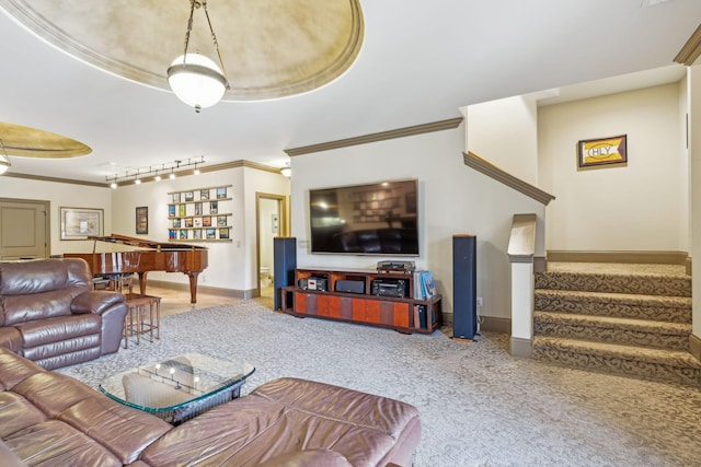 carpeted living room with track lighting, ornamental molding, and a tray ceiling