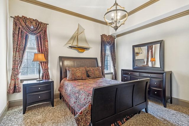 bedroom with crown molding and a notable chandelier