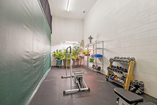 workout area featuring a towering ceiling