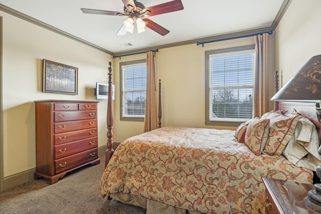 bedroom featuring ceiling fan, crown molding, and carpet