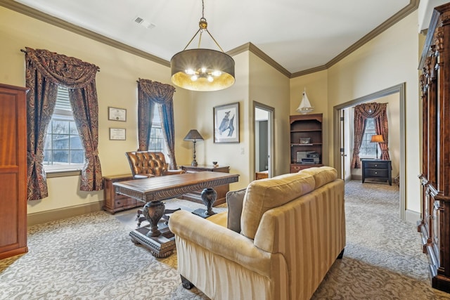 home office with light colored carpet, an inviting chandelier, and ornamental molding