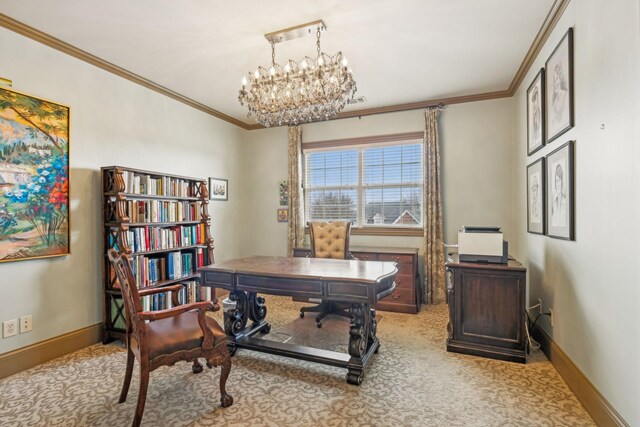 office space featuring light colored carpet, crown molding, and a notable chandelier