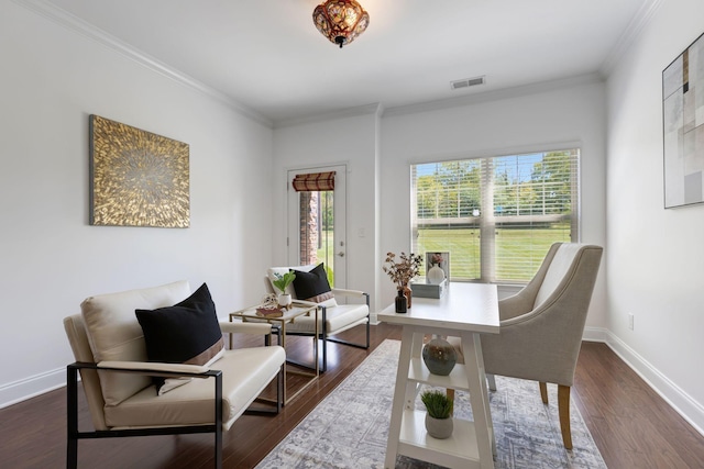 interior space featuring dark hardwood / wood-style flooring, a wealth of natural light, and crown molding