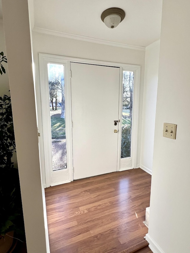 entryway with wood-type flooring and crown molding