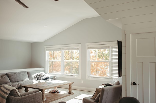 living room with carpet and vaulted ceiling