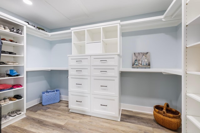 walk in closet with light wood-type flooring