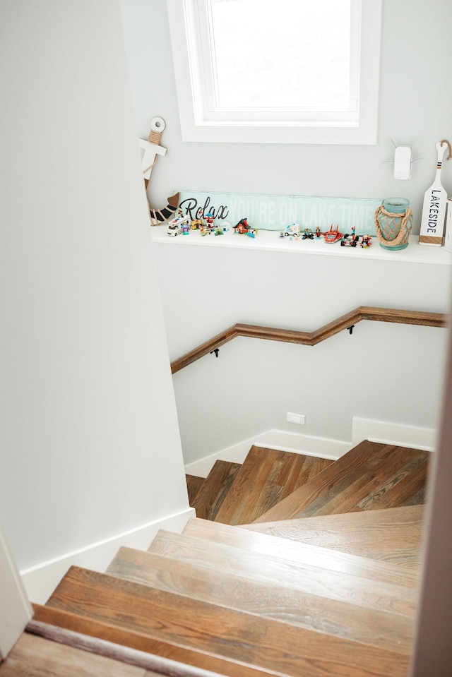 staircase with hardwood / wood-style flooring