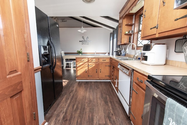 kitchen with white dishwasher, sink, hanging light fixtures, dark hardwood / wood-style floors, and black fridge with ice dispenser