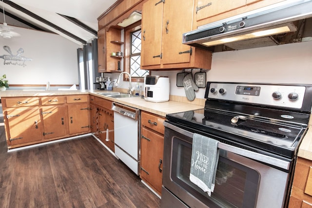 kitchen featuring dishwasher, black electric range oven, dark hardwood / wood-style floors, and sink