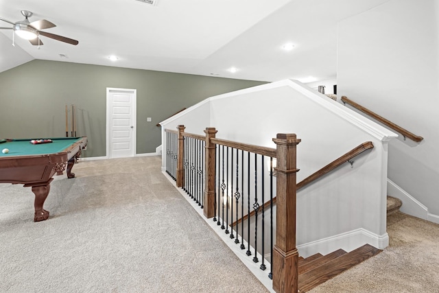 rec room featuring ceiling fan, light carpet, lofted ceiling, and billiards