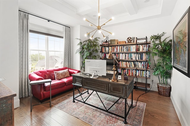 office area with hardwood / wood-style floors, beamed ceiling, coffered ceiling, and an inviting chandelier