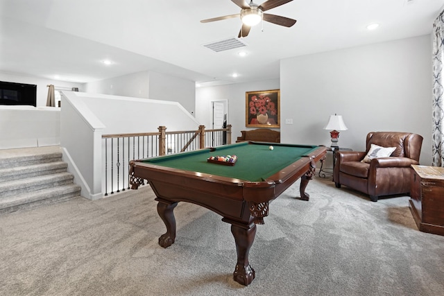 playroom with carpet flooring, ceiling fan, and pool table