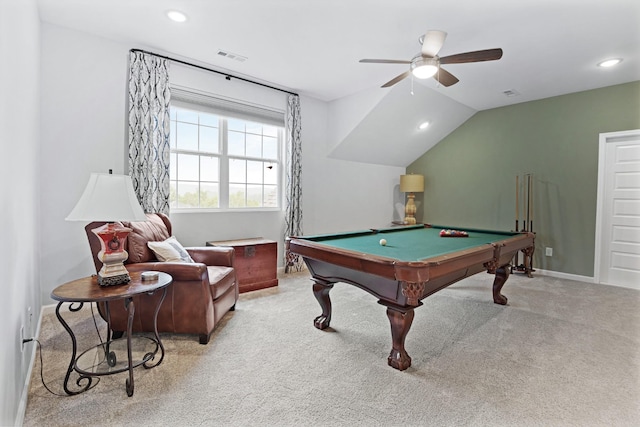 rec room featuring ceiling fan, light colored carpet, billiards, and vaulted ceiling