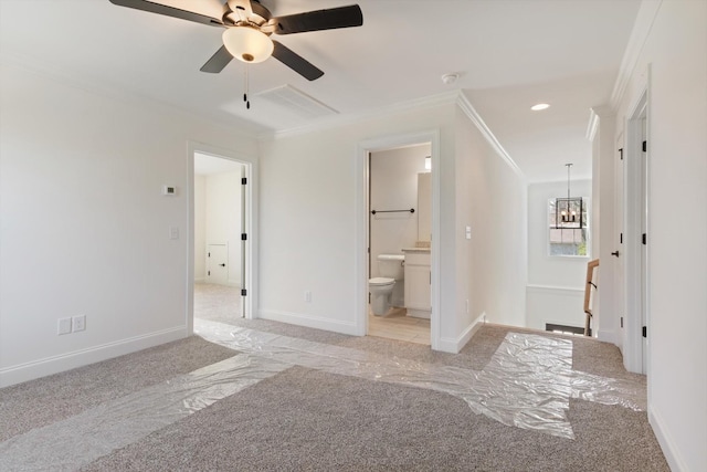 interior space with ceiling fan with notable chandelier, ornamental molding, and light carpet