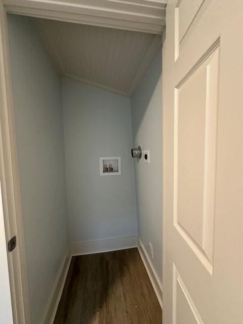 laundry area with dark wood-style flooring, hookup for a washing machine, hookup for an electric dryer, laundry area, and baseboards